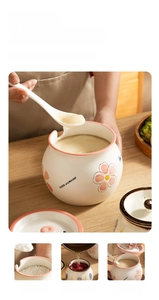 Japanese ceramic seasoning jar with floral pattern and white spoon for lard or spices
