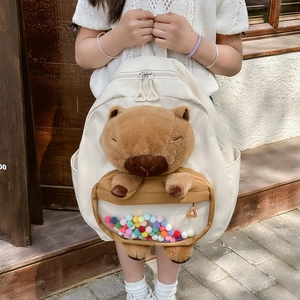 Cute kids backpack with capybara plush and transparent pocket filled with colorful poms