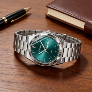 Men's silver steel watch with green dial and day-date display on a wooden desk