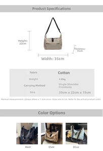 Canvas crossbody bag dimensions showing size 35x22x15cm and three color options
