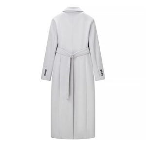 Rear view of grey long wool coat featuring a tied waist belt and four-button cuff detail