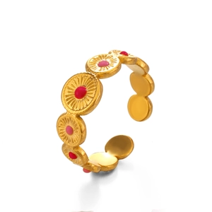 18K gold plated stainless steel open ring with pink enamel sunburst pattern