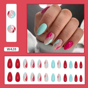 Stylish almond shaped press-on nails featuring a vibrant pink and blue wave pattern