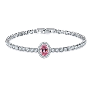 Detailed macro view of pink oval gemstone bracelet with silver-plated zircon halo setting