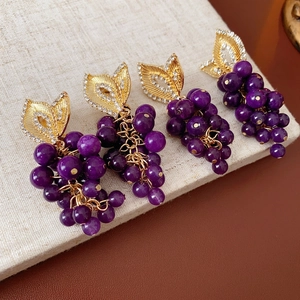 Vintage French purple beaded grape earrings with gold leaf design and rhinestones