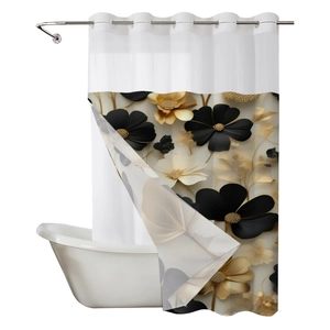 Waterproof double-layer shower curtain with black and gold floral pattern and metal rings