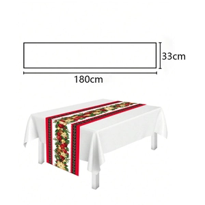 Christmas table runner with floral patterns shown in size diagram and dining room setting