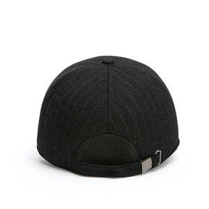 Men's wool baseball cap with ear flaps in black back view showing adjustable metal buckle