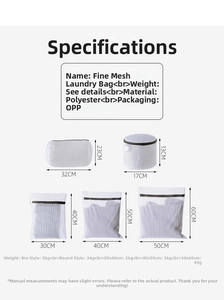 Size chart for fine mesh laundry bags showing various dimensions and specifications