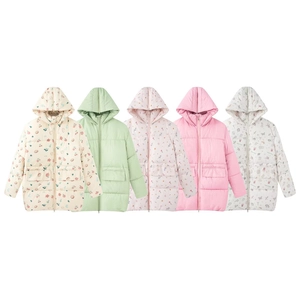 Damen Gesteppte Pufferjacke Mit Kapuze Polyester Baumwolle Wattiert Winter Warm Langarm Floral Retro Mantel