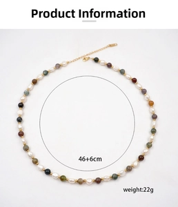 Detail of freshwater pearl and colorful natural stone necklace with 46+6cm lobster clasp