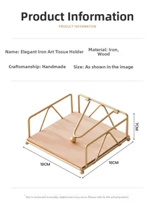 Macro view of gold iron napkin holder with wooden base and spherical pressure bar