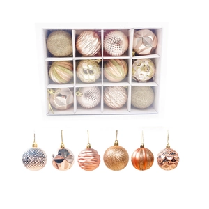 Set of 12 rose gold Christmas ornaments with diverse textures and patterns in packaging