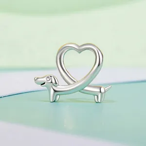 925 sterling silver heart dachshund charm with white zircon accent for DIY bracelets