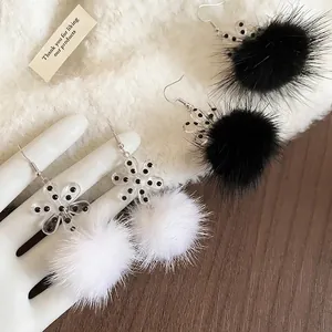 Acrylic snowflake floral earrings with soft faux fur pompom charms for women