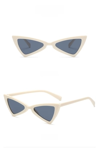 Close-up of beige cat-eye triangle sunglasses with gray lenses in front and side views