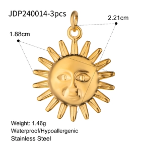 Detailed dimensions of golden sun face stainless steel pendant with waterproof features