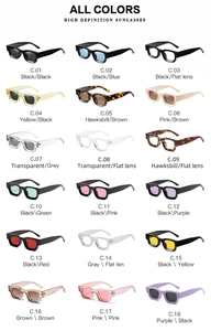 Detailed catalog of 18 square punk polarized sunglasses in diverse frame and lens colors