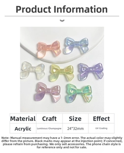 Close-up of 24x32mm UV-plated luminous bow beads with glitter for DIY phone chains
