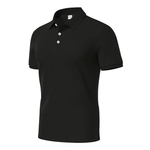 Detail of black quick-dry polo shirt collar with XXL label and 100% polyester fabric texture