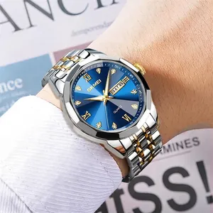 Men's business quartz watch with blue sunray dial and silver-gold steel bracelet