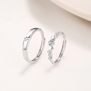 Pair of S925 sterling silver galaxy star rings for couples with zircon accents