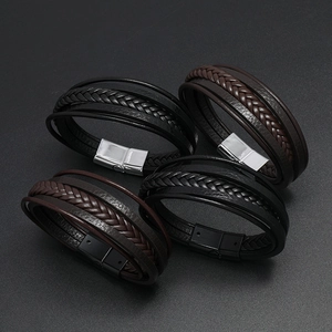 Braided leather bracelets for men with magnetic clasps in black and dark brown finish