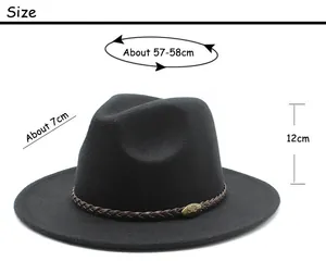 Size chart for black wool fedora with 7cm brim, showing 57-58cm head circumference