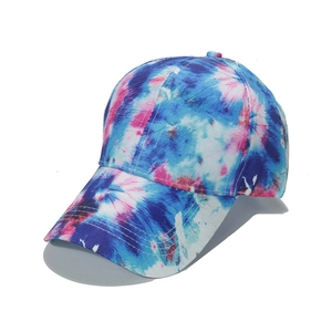Artistic blue and pink tie-dye baseball cap with 6-panel structure and curved brim