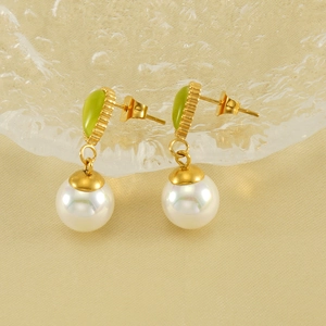 Elegant gold stainless steel drop earrings with green opal stones and white pearls
