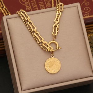 Gold stainless steel double layer Elizabeth coin pendant necklace on display box