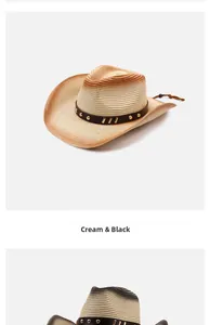 Detailed view of vintage cowboy straw hat with gradient weave and studded band.
