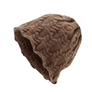 Retro dark brown cable knit beanie hat for winter, stylish textured slouchy skull cap