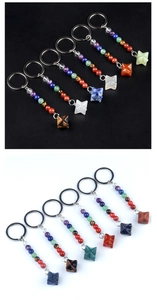 Detail of seven chakra natural stone keychain with geometric pendant on metal ring