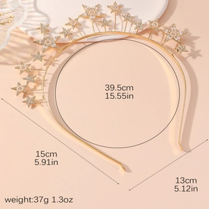 Detailed view of gold star headband with pearls and rhinestones showing size specifications