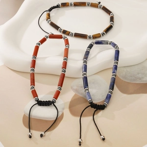 Three-piece natural stone beaded bracelet set with tiger eye, jasper, and adjustable cords