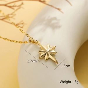 Macro view of 18K gold plated octagonal star pendant necklace with dimensions 2.7x1.5cm
