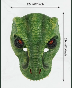 Detailed macro view of 3D green dinosaur mask with realistic PU foam scale texture