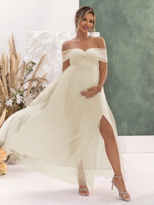 Elegant beige off-shoulder mesh maternity dress with high slit for spring and summer