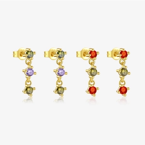 925 Sterling Silver Multi Color Zirconia Stud Earrings 18K Gold Plated Geometric Triple Stone Dangle Earrings Women Jewelry