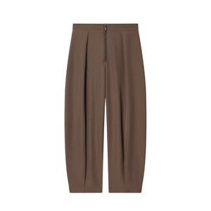 Pantalon marron taille haute pour femme avec fermeture éclair et détail de plis à la taille