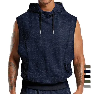 Men's vintage distressed sleeveless hoodie with floral print and drawstring hood detail