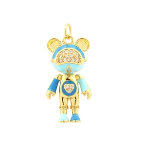 Detail of 18K gold-plated bear pendant with blue enamel space suit and sparkling rhinestones
