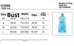 Size chart showing XS to L measurements for the floral halter backless mini dress
