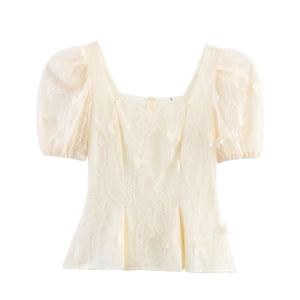 Women Lace Mesh Blouse With 3D Butterfly Applique Square Neck Puff Sleeve Elegant Sweet French Style Slim Waist Top