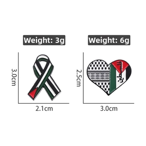 Palestine ribbon and heart enamel pins with national flag colors and Keffiyeh pattern