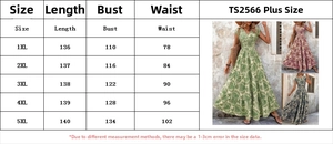 Detailed size chart for vintage printed V-neck maxi dress with length and bust measurements