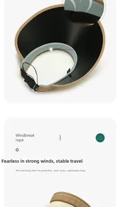 Detail of UV-protective PVC brim and adjustable windbreak rope on sun straw visor