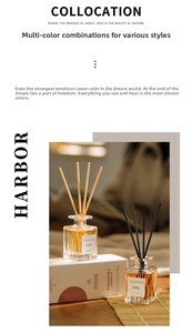 Minimalist glass aromatherapy diffuser set with essential oils and fiber reeds in amber