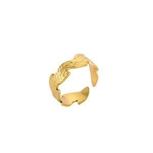 Detailed view of the gold adjustable ring featuring intricate vintage leaf textures
